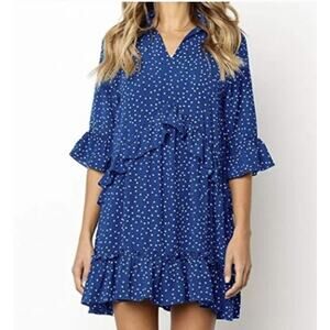 MITILLY Womens Summer Swing Casual Short Ruffle Flowy Dress Blue Small